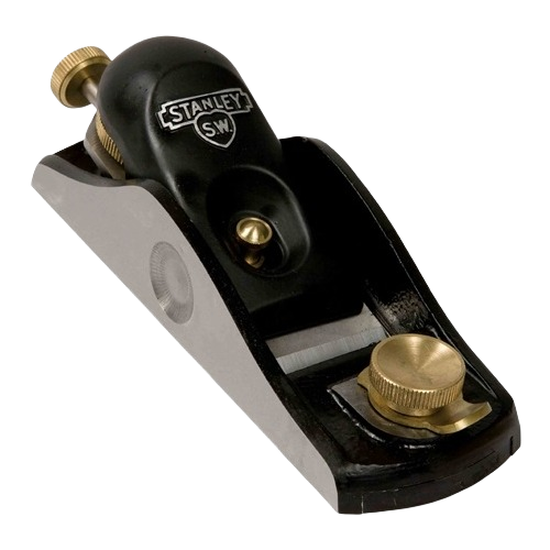 Low angle block plane with black and silver body and brass knobs for wood smoothing in home improvement projects