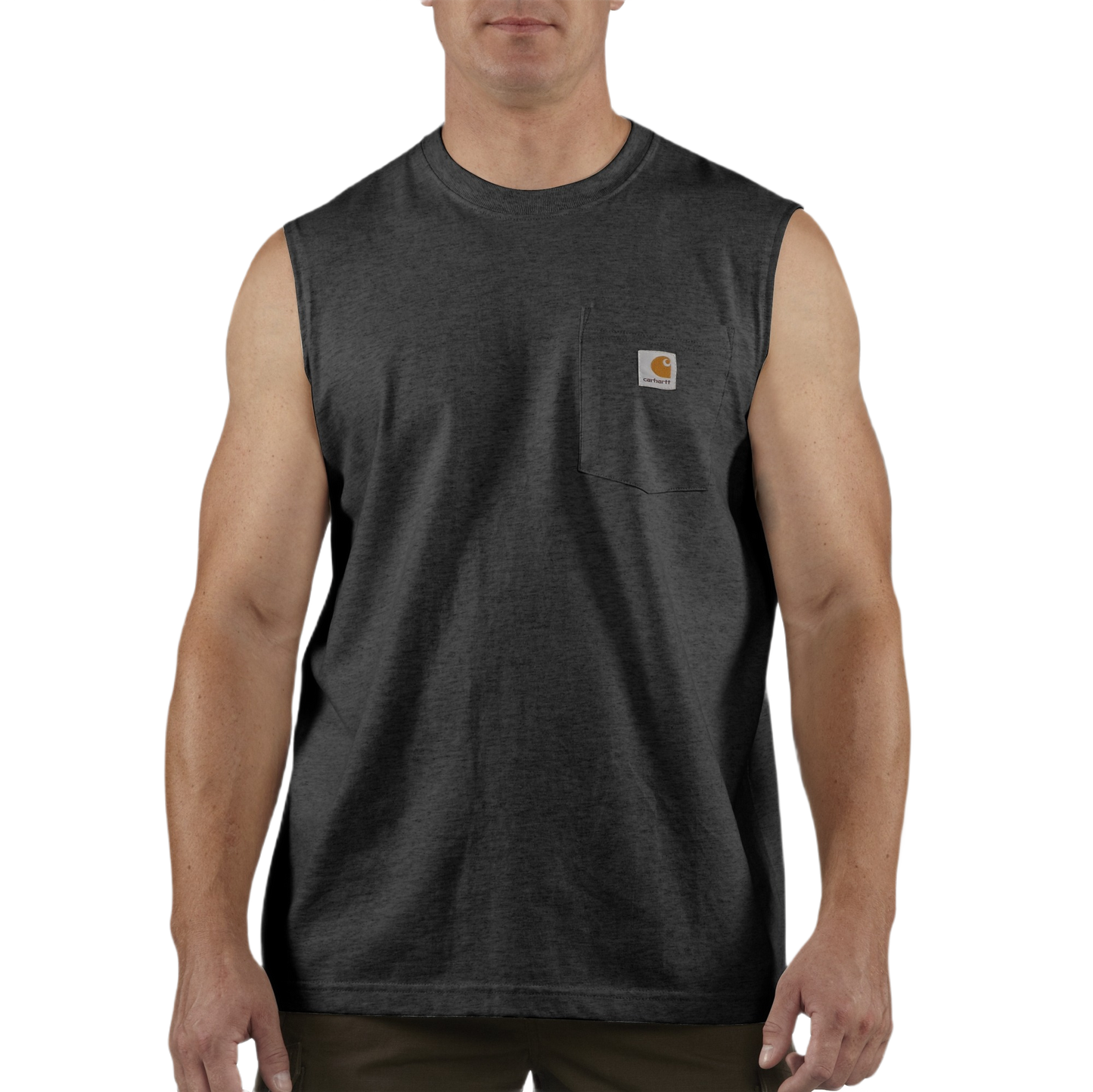 Man wearing black sleeveless pocket tank top with logo patch on left chest, casual workwear style