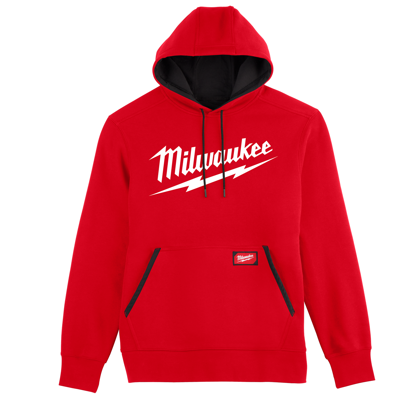 Red pullover hoodie with front pouch pocket and black drawstrings featuring white Milwaukee lightning logo print