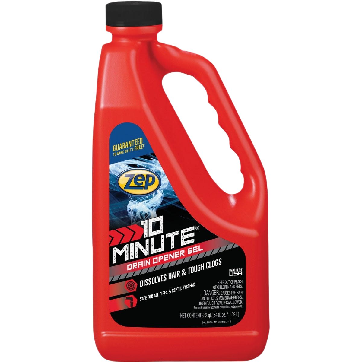 Red plastic bottle of gel drain opener for clearing hair clogs in sinks and tubs from cleaning and plumbing supplies collections