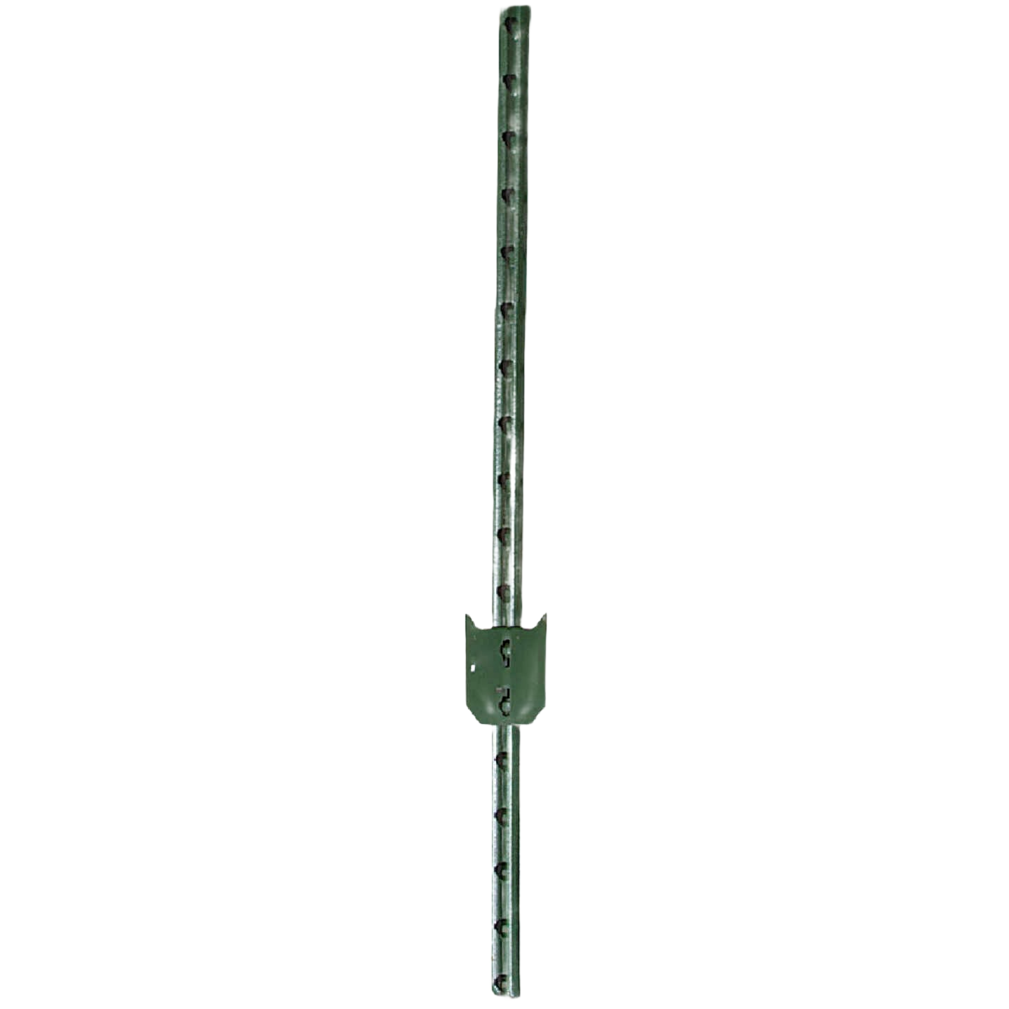 Green steel fence T-post with multiple holes and attachment bracket for durable home improvement fencing projects