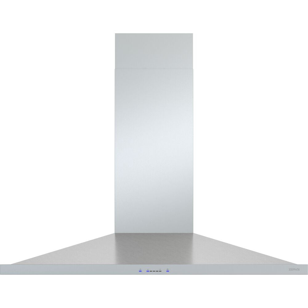 Wall mounted stainless steel chimney-style range hood with LED controls in kitchen appliances and wall mounted range hoods collection