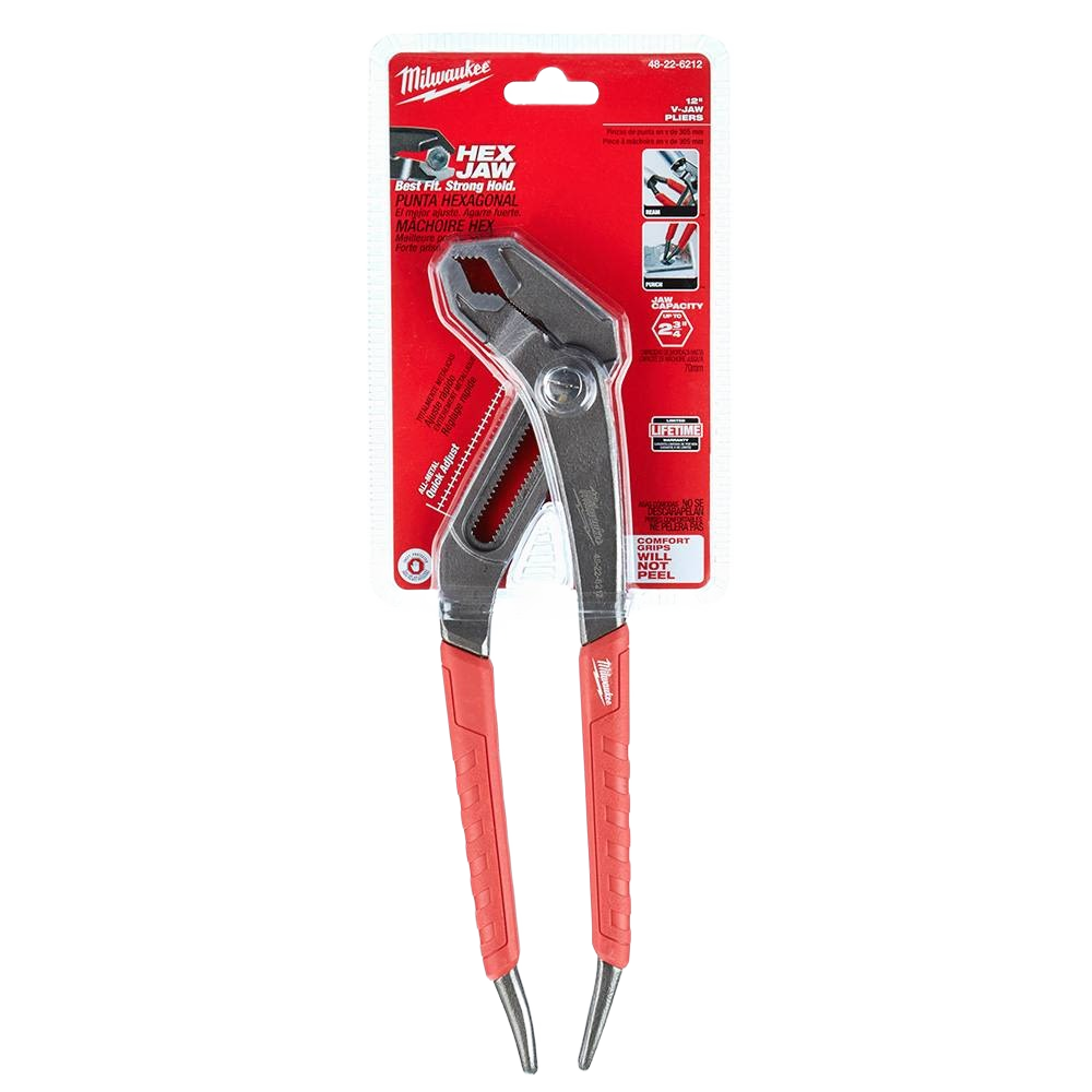 12-inch hex-jaw pliers with red comfort grip handles designed for home improvement and tool use tasks