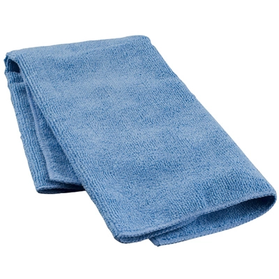 Light blue microfiber cleaning cloth folded, suitable for dusting, polishing, and wiping in cleaning supplies and kitchenware collections.