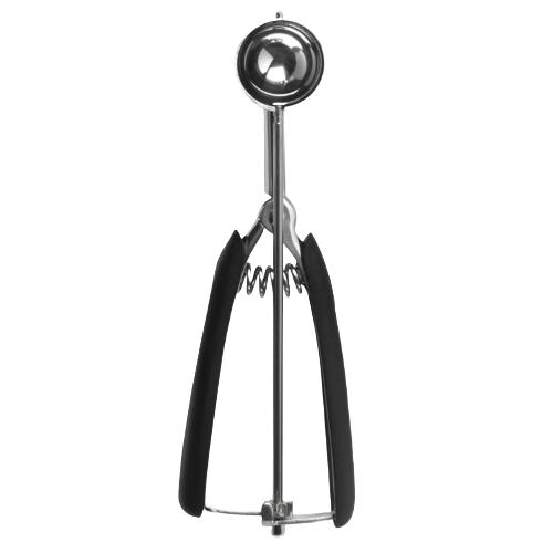 Small cookie scoop with stainless steel bowl and black soft-grip handles for precise portioning in kitchen tools use