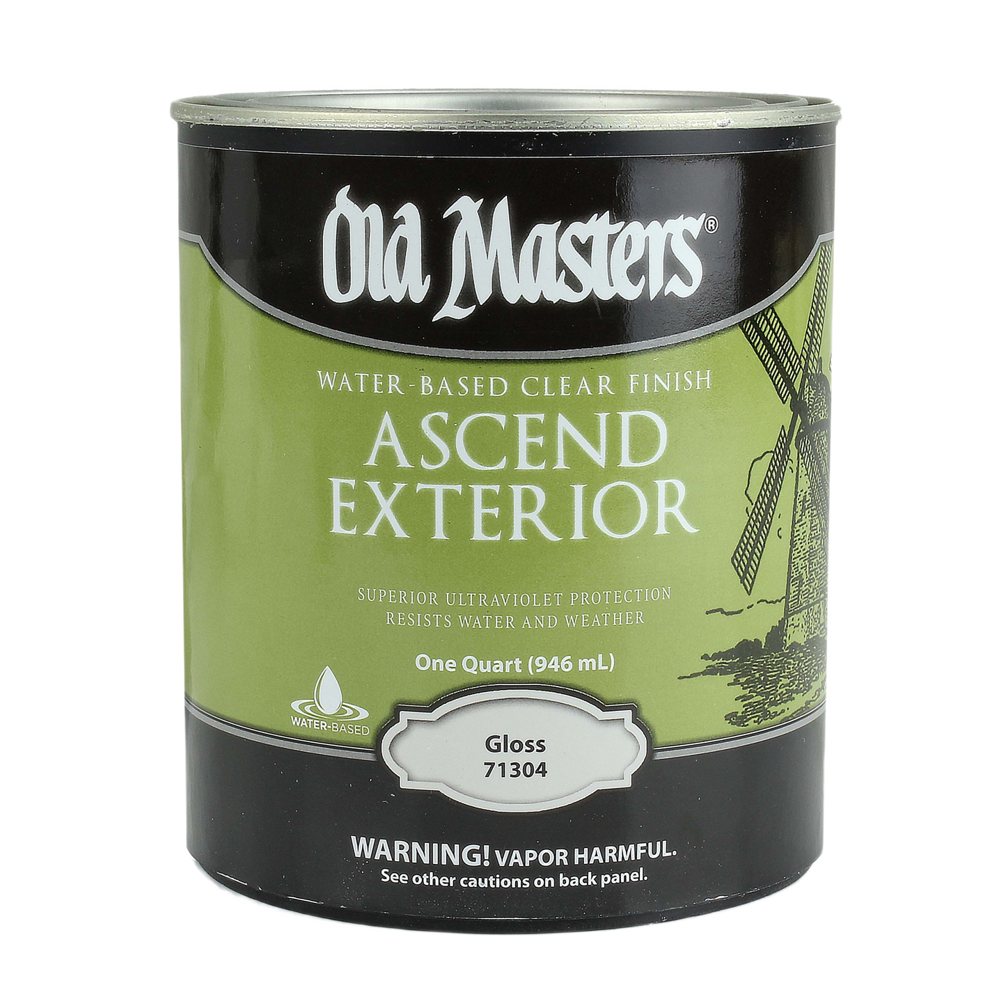Quart container of Old Masters exterior water-based gloss clear finish for wood and outdoor surfaces