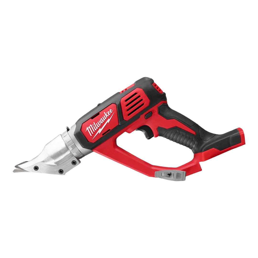 Cordless red and black Milwaukee 18 gauge double cut shear for precise metal cutting in home improvement projects