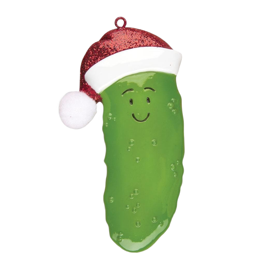 Green Christmas pickle ornament with smiling face wearing glittery red Santa hat for holiday décor under $50 collection