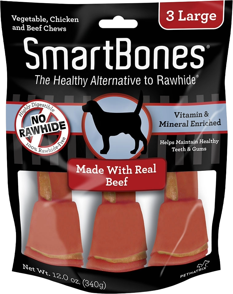 Package of three large beef chews for dogs with added vitamins and minerals in pet treats collection under $50