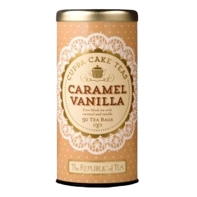 Cylindrical tin of caramel vanilla tea with gold lid and decorative lace pattern holding 50 tea bags