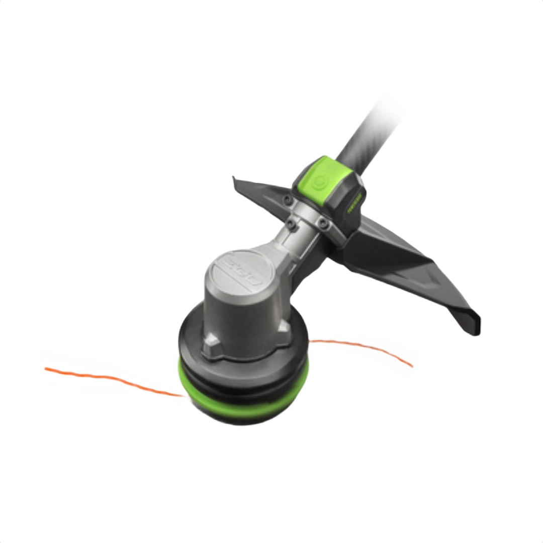 Close-up of EGO string trimmer head with dual orange cutting lines and protective guard for outdoor power tools use