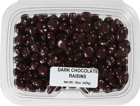 Clear plastic container filled with glossy dark chocolate covered raisins in Chocolates & Candies collection
