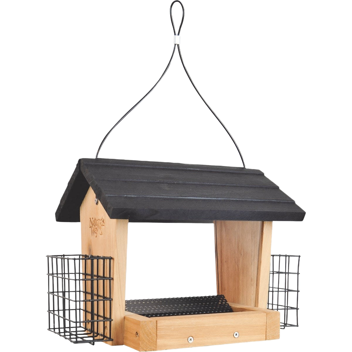 Natural cedar bird feeder with black roof and dual metal suet cages for outdoor use in wildlife feeding