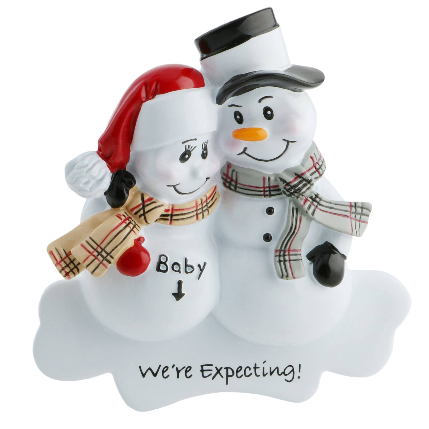 Pair of snowmen figurines with scarves and hat, "We're Expecting" text, Christmas Ornaments & Tree Decorations under $50 collection