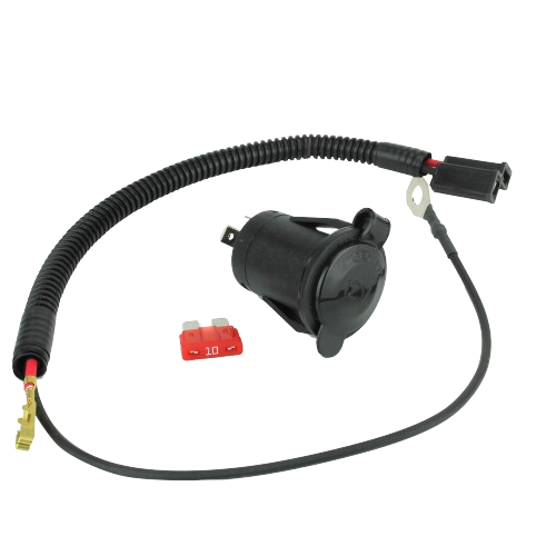 Black socket outlet with wiring harness and red 10-amp fuse for tools and home improvement projects