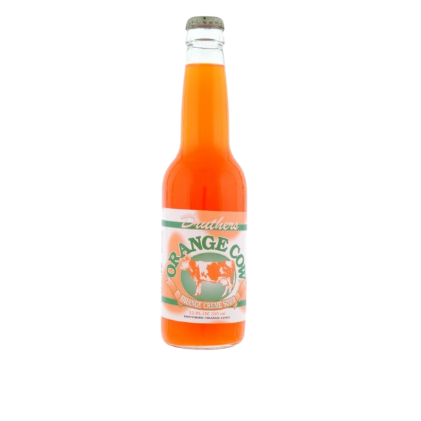 Glass bottle of orange cream soda with a vintage-inspired label featuring an orange and white cow design