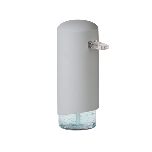 Grey foaming soap dispenser with transparent base for efficient countertop storage in bathroom and kitchen spaces
