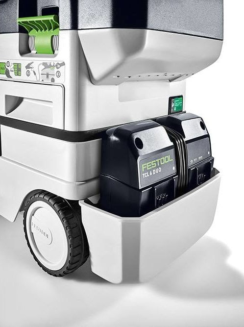 Attachable storage box with two Festool TCL 6 DUO battery packs for woodworking tool organization and mobility solutions