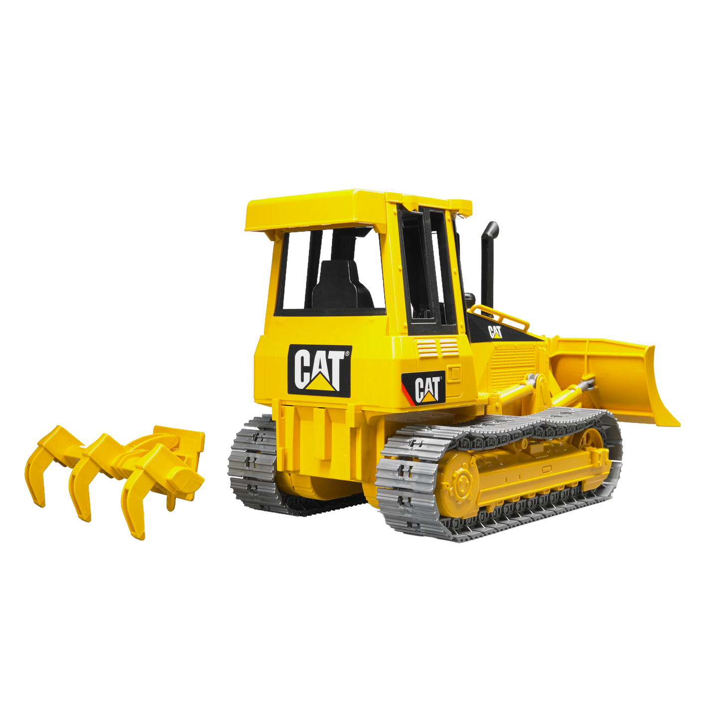 Yellow Bruder Caterpillar toy track-type tractor with black tracks and detachable claw attachment from Toys & Games collection