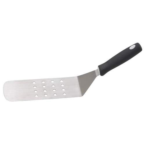 Stainless steel burger turner with perforated flat blade and black ergonomic handle for grilling and cooking tasks