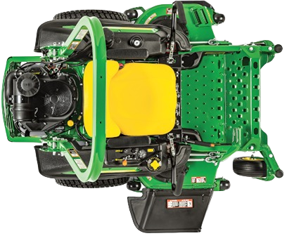 Top-down view of green and yellow zero-turn mower with 60-inch deck for efficient lawn care and home improvement tasks