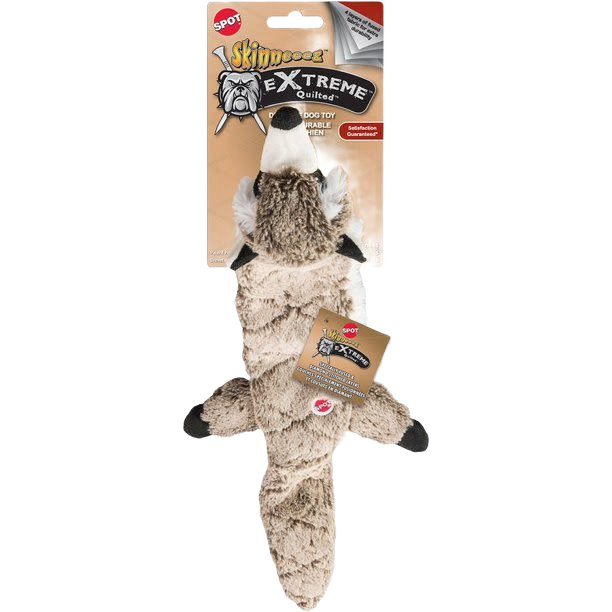 Durable quilted raccoon dog toy with no stuffing, designed for long-lasting play in pet and dog toy collections under $50