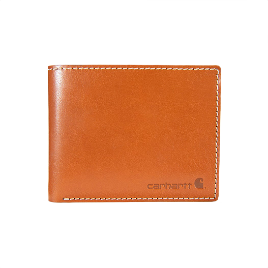 Brown bifold leather wallet with contrast stitching and debossed logo, part of Carhartt accessories collection under $50
