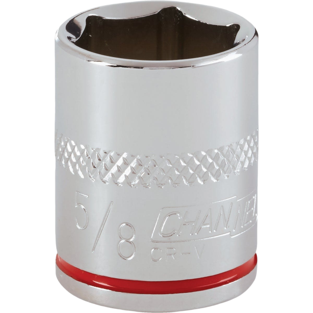 Chrome finished 5/8 inch 6-point shallow socket with textured grip band for hand tools and woodworking collections under $50