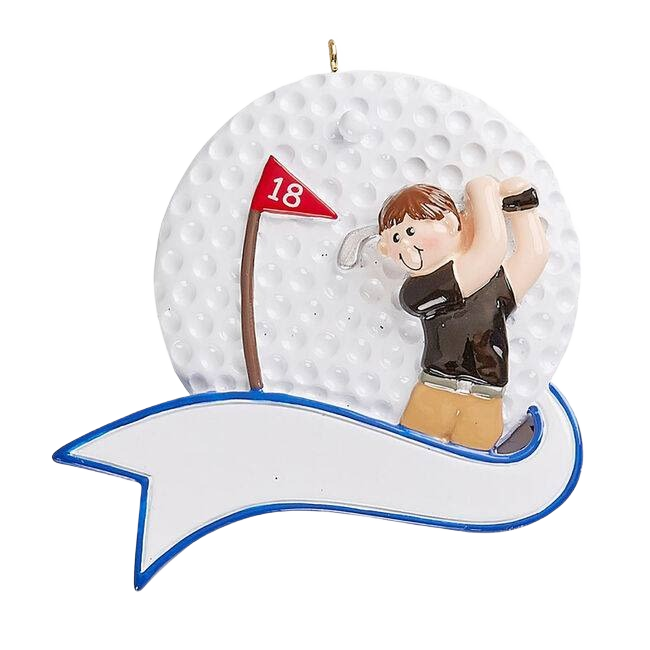 Boy figurine swinging golf club near 18th hole flag on golf ball background Christmas ornament under $50 collection