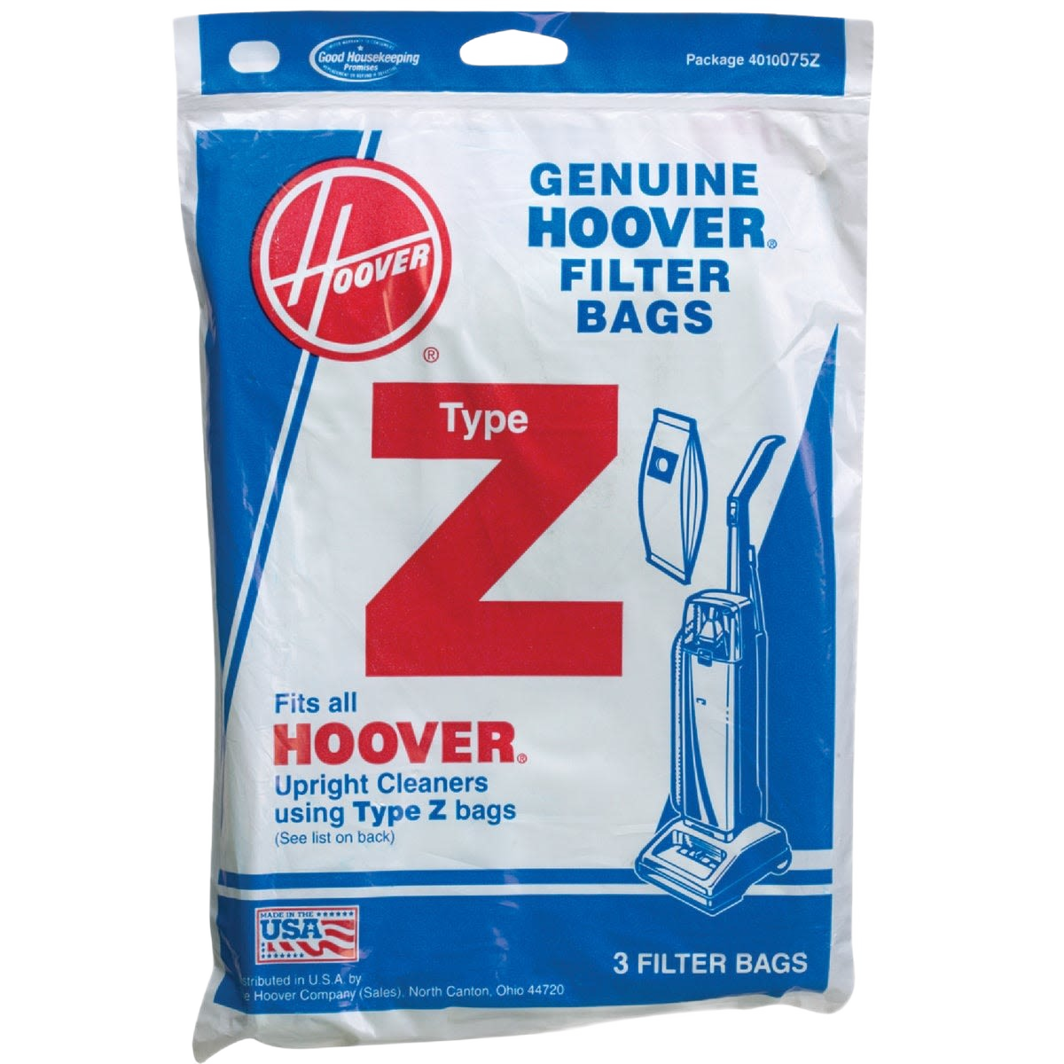 Package of genuine Hoover Type Z vacuum filter bags with branding and upright vacuum cleaner illustration for home use