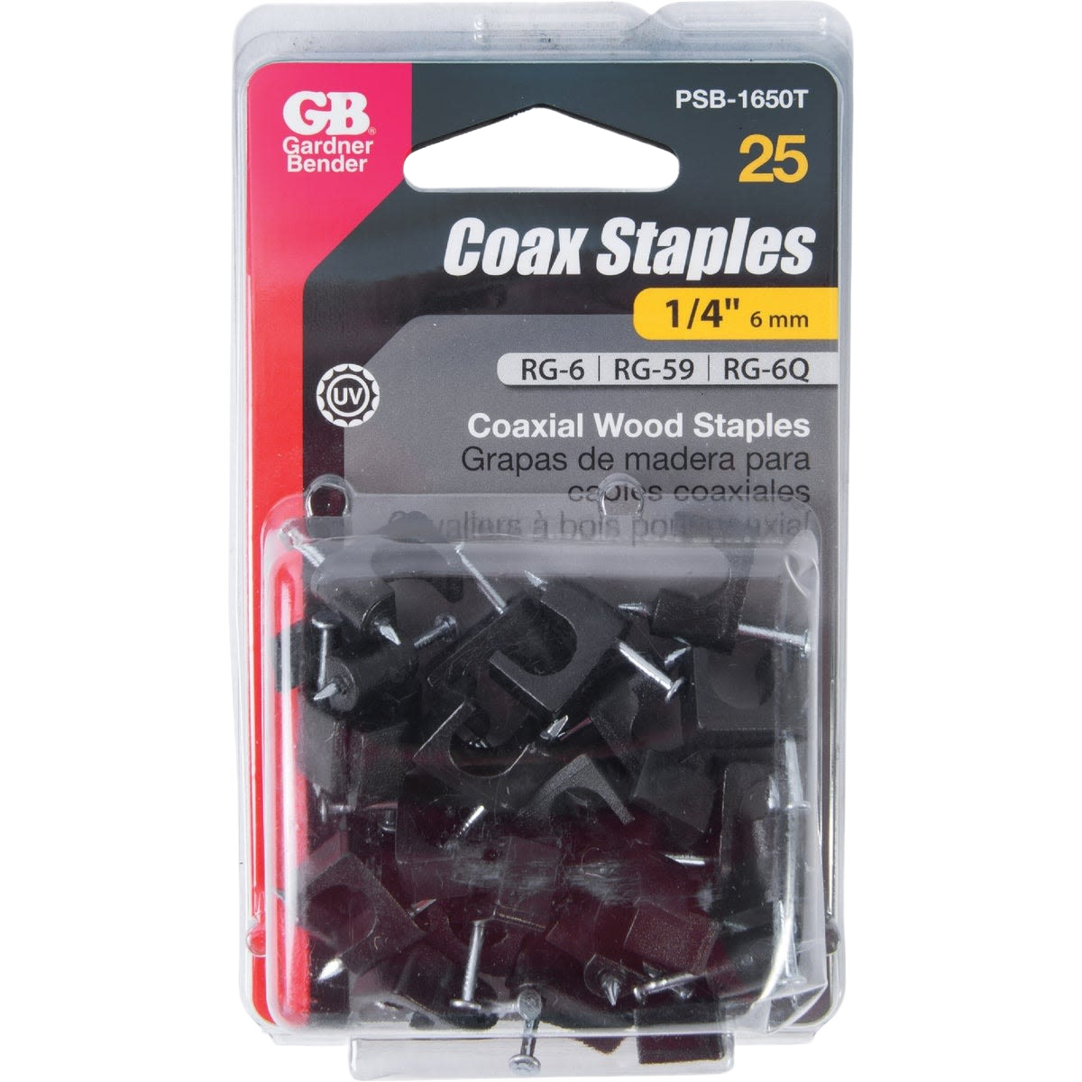 Plastic and metal coaxial wood staples for electrical cable securing, packaged in clear blister pack under $50 Tools collection