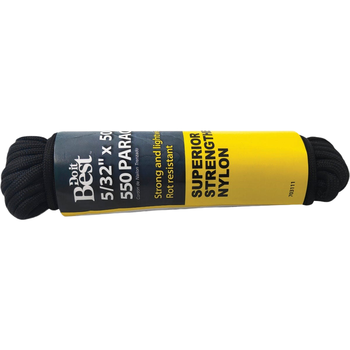Black nylon paracord bundle with label highlighting superior strength and rot resistance for home improvement tasks