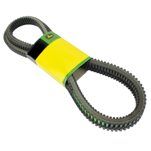Black V-belt with toothed inner surface wrapped in green and yellow packaging for automotive and tractor use