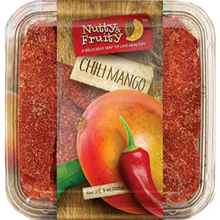 Clear plastic container of Nutty & Fruity chili mango slices with chili pepper illustration in snacks and food collection