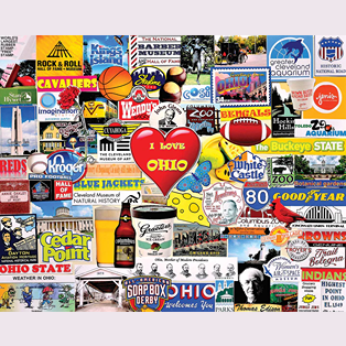 Colorful puzzle showcasing Ohio landmarks, symbols, and logos with a central red heart reading I Love Ohio
