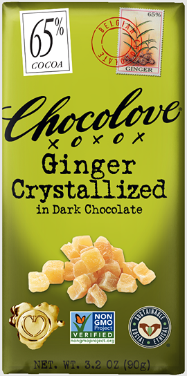Chocolove Ginger Crystalized dark chocolate bar with 65% cocoa and crystallized ginger in candy and food collections