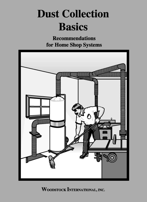 Illustration of a man using a dust collection system in a home workshop with connected ducts and machinery.