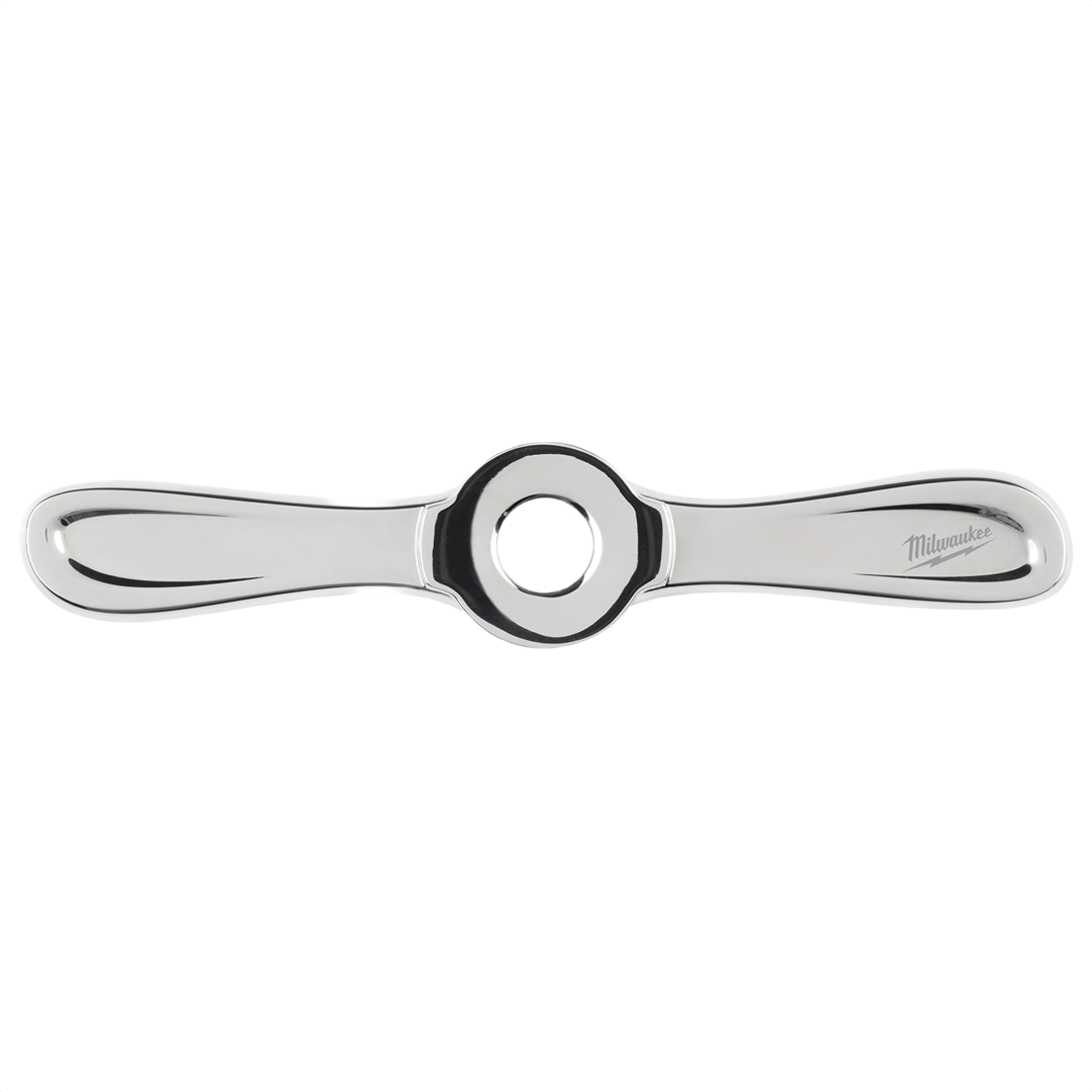 Polished metal threading handle with central opening and contoured grips for tool accessories and home improvement collections