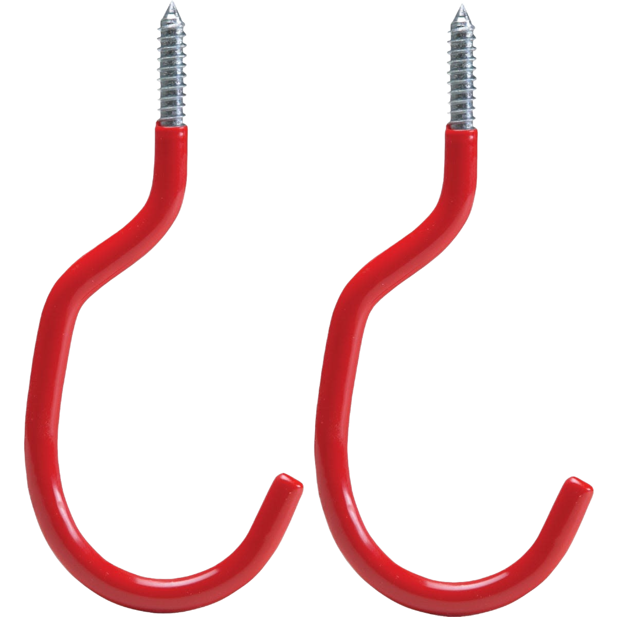 Set of two red coated screw-in hooks designed for hanging bicycles or home improvement storage tasks