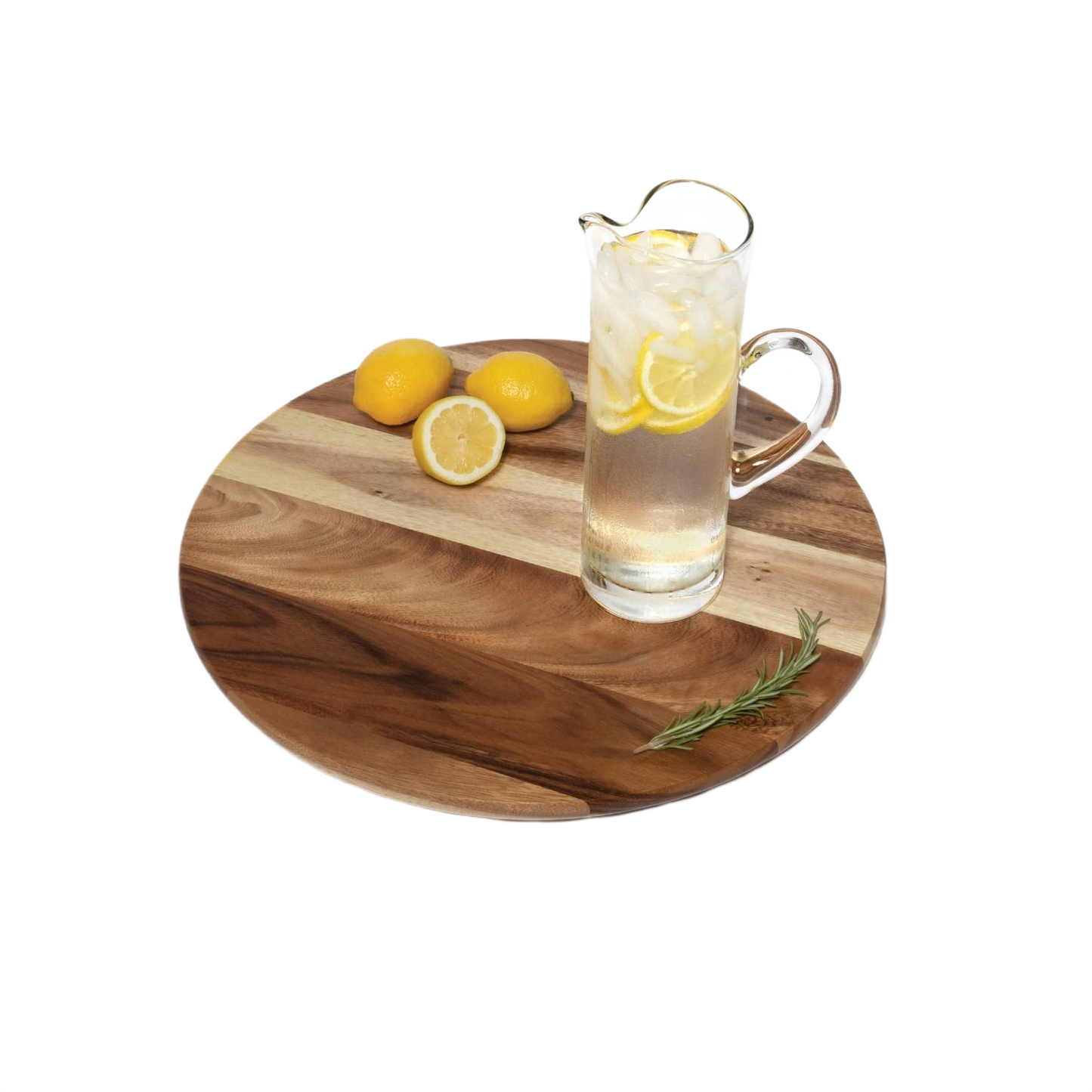 Round natural finish acacia wood turntable with pitcher of iced lemon water and fresh lemons for home use