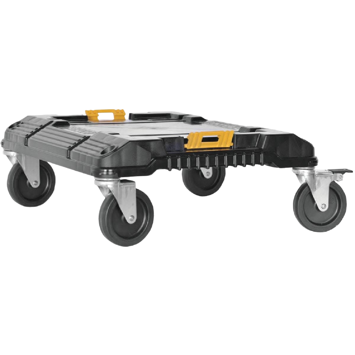 Black and yellow rolling tool cart base with four heavy-duty swivel wheels for workshop organization and jobsite storage