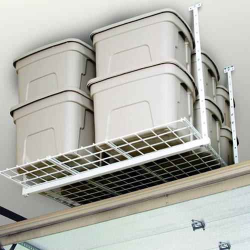 White metal ceiling storage rack with beige plastic bins for garage storage and home organization solutions