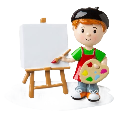 Small boy figurine in green shirt and black beret painting on blank easel Christmas ornament under $50 collection