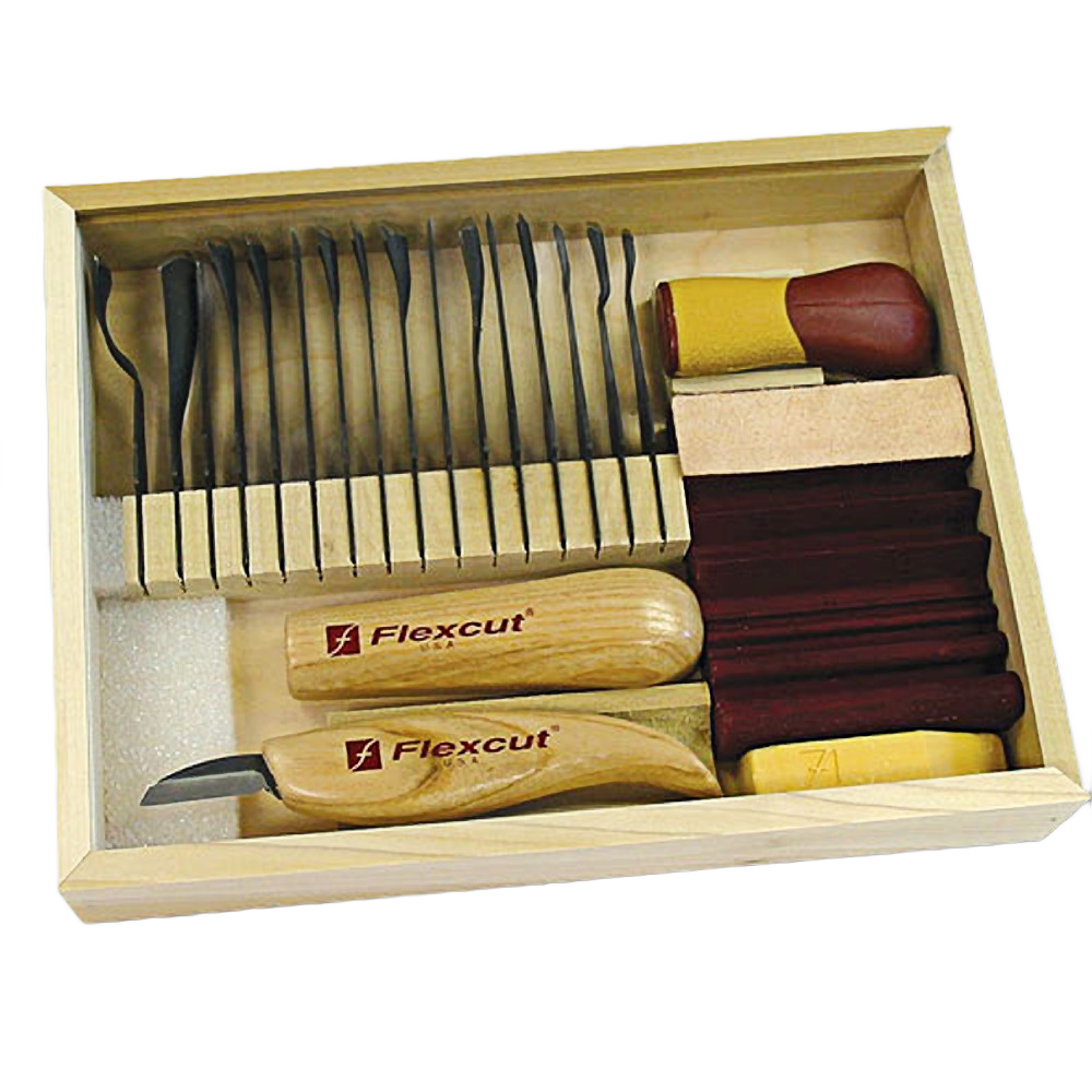 Wood carving tools set with multiple curved blades, wooden handles, and accessories in a wooden storage box for home improvement tasks