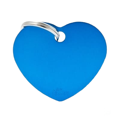Large blue heart-shaped ID tag with metal split ring for pet identification and personal accessories use
