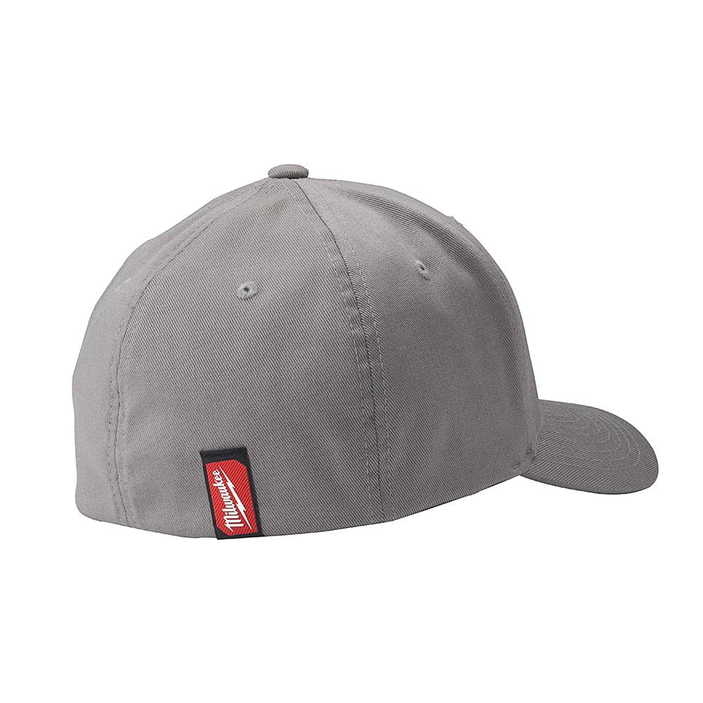 Gray fitted hat with minimalist design and Milwaukee logo tag, suitable for tools and home improvement enthusiasts