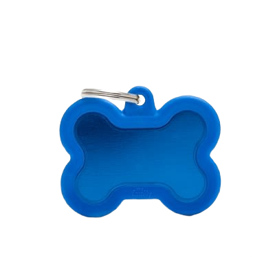 Blue bone-shaped pet ID tag with metal keyring for secure attachment and easy identification