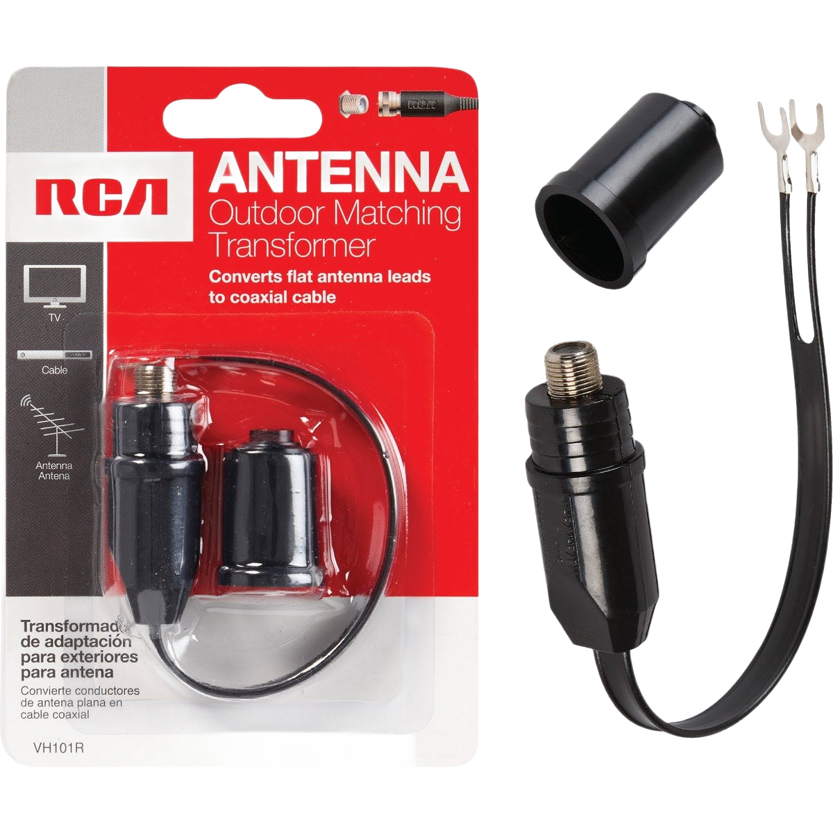 Black outdoor matching transformer with coaxial connector and wire leads for antenna signal conversion tasks