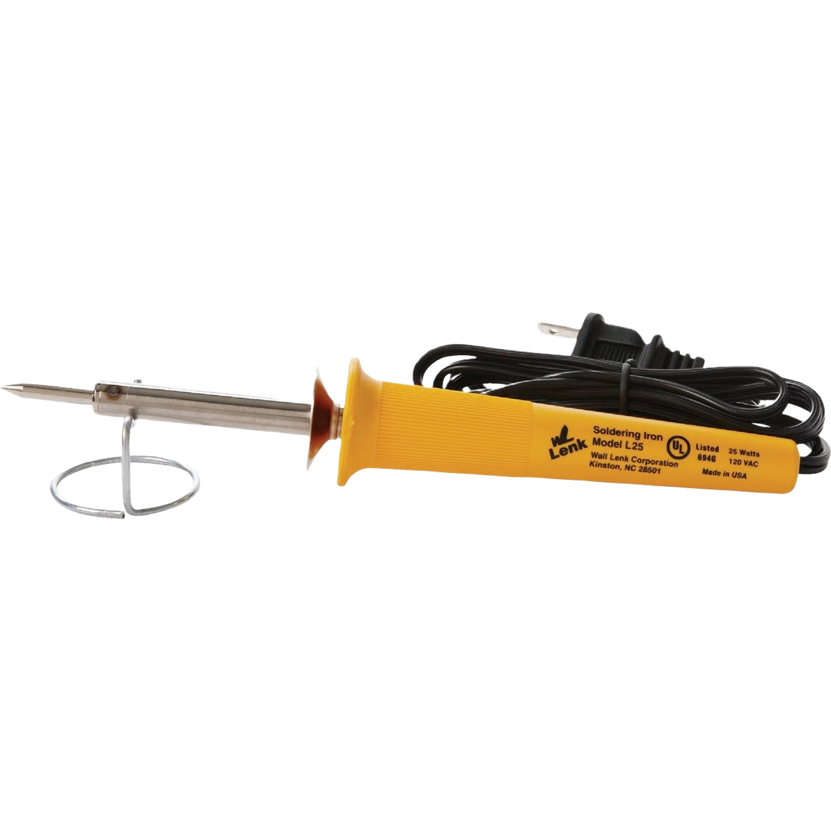 Yellow electric soldering iron with metal stand and black power cord for tools and home improvement tasks