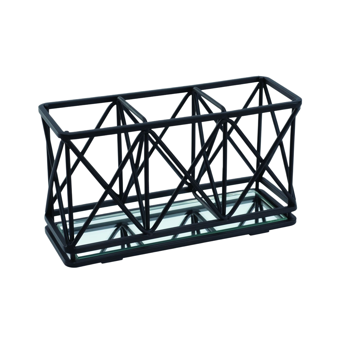 Black geometric metal cosmetic organizer with three compartments and glass base for home improvement storage